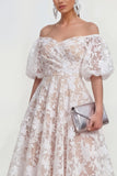 Off-the-shoulder A-lijn midi roze bloemenjurk met puffmouwen