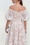 Off-the-shoulder A-lijn midi roze bloemenjurk met puffmouwen