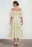 Off-the-shoulder A-lijn midi roze bloemenjurk met puffmouwen