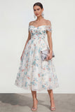 Witte A-lijn off the shoulder midi multi-bloemenjurk