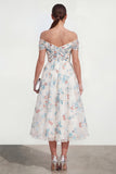 Witte A-lijn off the shoulder midi multi-bloemenjurk