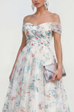 Witte A-lijn off the shoulder midi multi-bloemenjurk