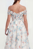 Witte A-lijn off the shoulder midi multi-bloemenjurk