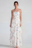 Witte sheath spaghetti straps Maxi multiflorale jurk met ruches