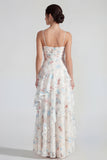 Witte sheath spaghetti straps Maxi multiflorale jurk met ruches