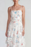 Witte sheath spaghetti straps Maxi multiflorale jurk met ruches