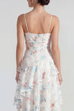 Witte sheath spaghetti straps Maxi multiflorale jurk met ruches