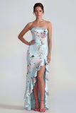 Roze strapless korset lange bloemenjurk met ruchesplit