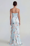 Roze strapless korset lange bloemenjurk met ruchesplit