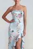 Roze strapless korset lange bloemenjurk met ruchesplit