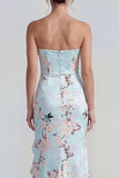 Roze strapless korset lange bloemenjurk met ruchesplit