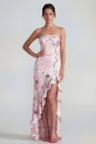 Roze strapless korset lange bloemenjurk met ruchesplit