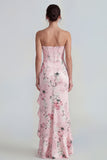 Roze strapless korset lange bloemenjurk met ruchesplit