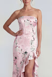 Roze strapless korset lange bloemenjurk met ruchesplit