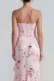 Roze strapless korset lange bloemenjurk met ruchesplit