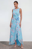 Blauwe A-lijn 3D-bloemenprint lange chiffon jurk met ruchesplit