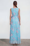 Blauwe A-lijn 3D-bloemenprint lange chiffon jurk met ruchesplit