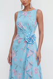 Blauwe A-lijn 3D-bloemenprint lange chiffon jurk met ruchesplit