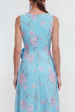 Blauwe A-lijn 3D-bloemenprint lange chiffon jurk met ruchesplit