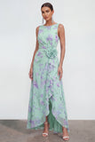 Blauwe A-lijn 3D-bloemenprint lange chiffon jurk met ruchesplit