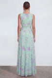 Blauwe A-lijn 3D-bloemenprint lange chiffon jurk met ruchesplit