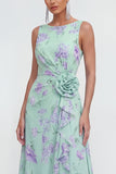 Blauwe A-lijn 3D-bloemenprint lange chiffon jurk met ruchesplit