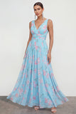 Blauwe A-lijn V-hals Chiffon bloemen Maxi jurk
