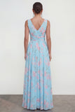 Blauwe A-lijn V-hals Chiffon bloemen Maxi jurk