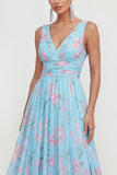Blauwe A-lijn V-hals Chiffon bloemen Maxi jurk