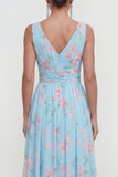 Blauwe A-lijn V-hals Chiffon bloemen Maxi jurk