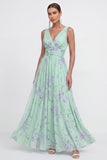 Blauwe A-lijn V-hals Chiffon bloemen Maxi jurk