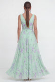 Blauwe A-lijn V-hals Chiffon bloemen Maxi jurk