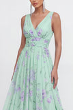 Blauwe A-lijn V-hals Chiffon bloemen Maxi jurk