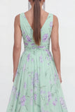 Blauwe A-lijn V-hals Chiffon bloemen Maxi jurk