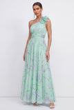 Groene eenschouder A-lijn geplooide chiffon bloemenjurk met 3D-bloem