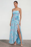 Strapless blauwe A-lijn 3D bloemen ruches jurk met bloemen en split