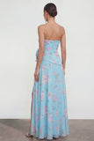 Strapless blauwe A-lijn 3D bloemen ruches jurk met bloemen en split