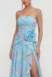 Strapless blauwe A-lijn 3D bloemen ruches jurk met bloemen en split