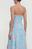 Strapless blauwe A-lijn 3D bloemen ruches jurk met bloemen en split