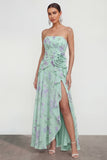 Strapless blauwe A-lijn 3D bloemen ruches jurk met bloemen en split