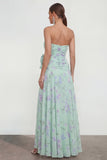 Strapless blauwe A-lijn 3D bloemen ruches jurk met bloemen en split