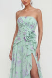 Strapless blauwe A-lijn 3D bloemen ruches jurk met bloemen en split