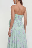 Strapless blauwe A-lijn 3D bloemen ruches jurk met bloemen en split