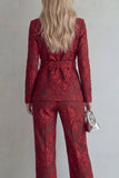 Rode Lace Peak Revers Bloemen Slim Fit Slim Fit Prom Pakken met Riem
