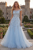 Glinsterende blauwe off-the-shoulder korset, met kralen versierde tule lange galajurk met applicaties