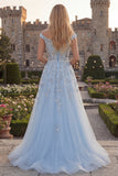 Glinsterende blauwe off-the-shoulder korset, met kralen versierde tule lange galajurk met applicaties