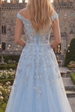 Glinsterende blauwe off-the-shoulder korset, met kralen versierde tule lange galajurk met applicaties