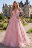 Roze A-lijn lange korsetjurk met 3D-bloemen off-the-shoulder roze A-lijn