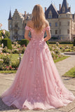 Roze A-lijn lange korsetjurk met 3D-bloemen off-the-shoulder roze A-lijn