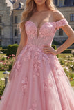 Roze A-lijn lange korsetjurk met 3D-bloemen off-the-shoulder roze A-lijn